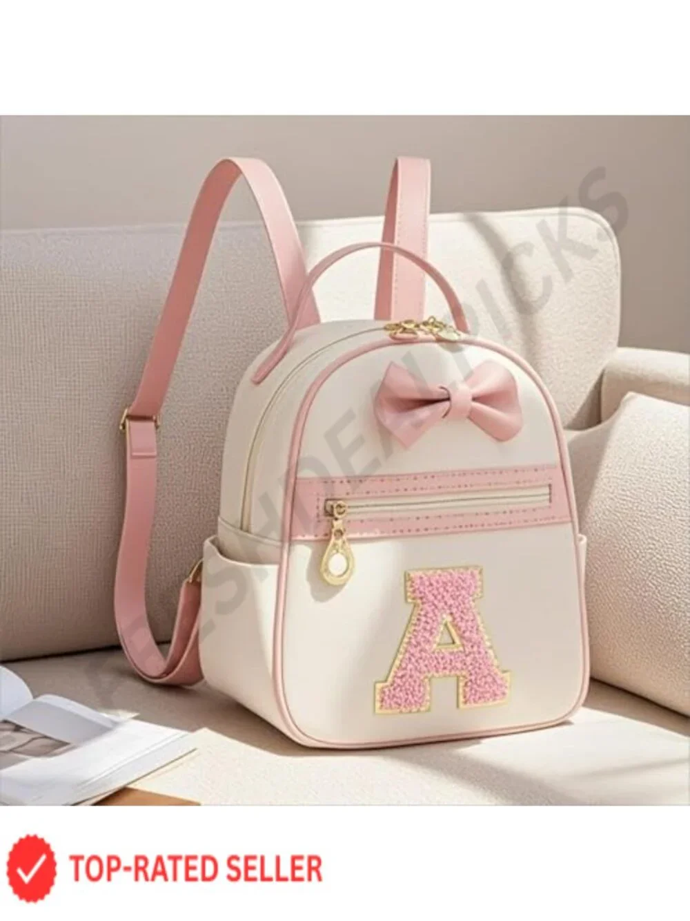 Personalized Mini Backpack Water-Resistant Faux Leather Initial Bowknot Cute